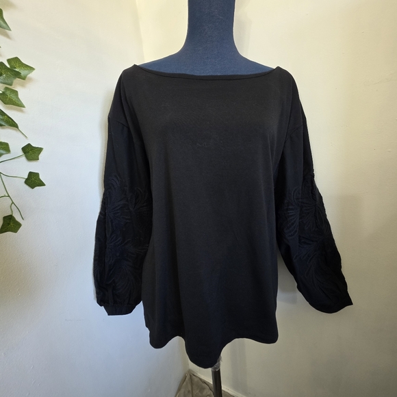 Banana Republic Black Modal Top with Embroidered Balloon Sleeves - Picture 1 of 10